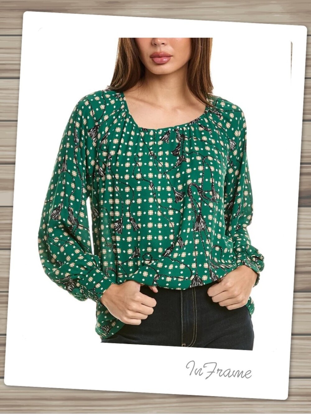 Brand New CAbi Green Floral Tassel-Print Long Sleeve Top Size Lg